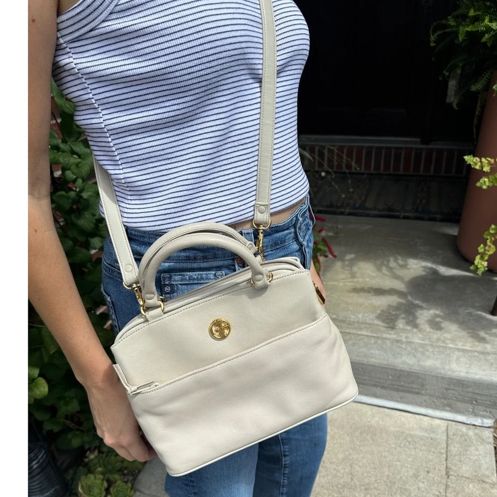 Vintage Gianni Bernini Leather Off White Purse Beige Top Handle Crossbody Bag